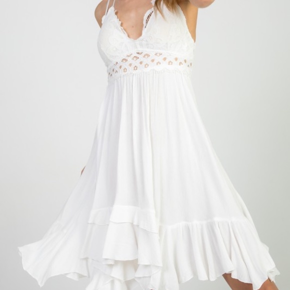 Boho White Crochet Asymmetrical Hem Strappy Dress - Picture 7 of 9